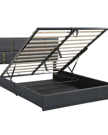 Regal Black & Gold LED Queen Bed Frame with Stylish Ottoman Storage