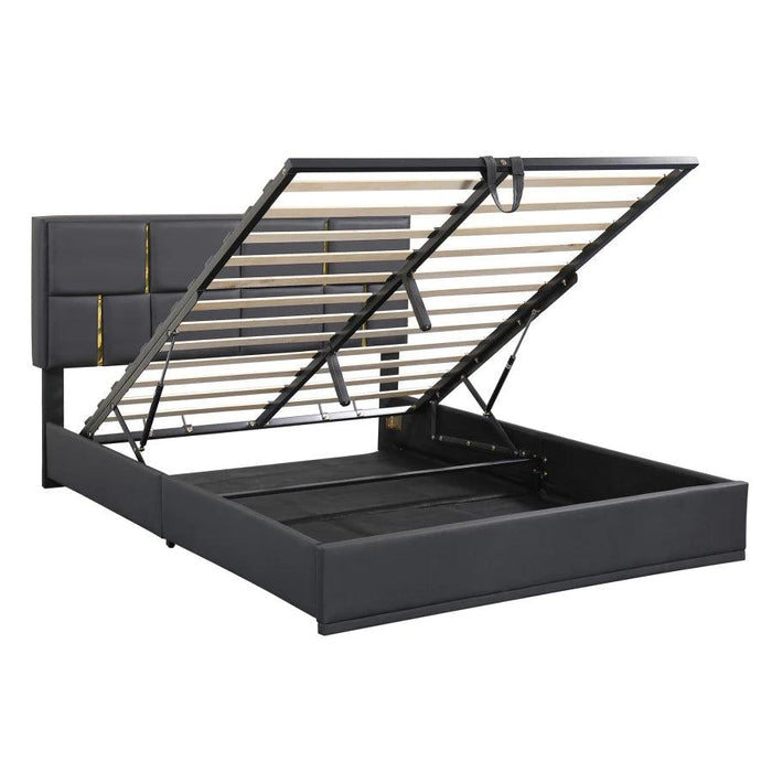 Regal Black & Gold LED Queen Bed Frame with Stylish Ottoman Storage