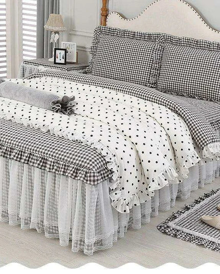 Polka Dot Cotton Luxurious 4-Piece Set with Ruffled Duvet Cover and Coordinated Bed Skirt