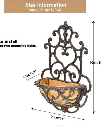 Antique-Style Brown Cast Iron Wall Planters - Set of 2