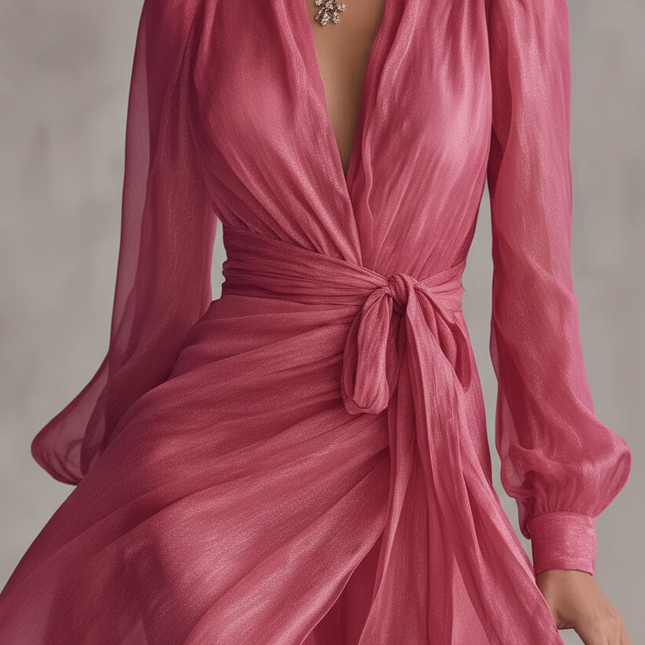 Deep V Neck Long Sleeve Maxi Dress — Wrap Tie Waist, High Slit