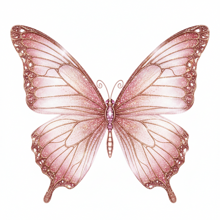 A pink glitter butterfly wing accessory with metallic rose-gold edges and rhinestone details, shown against a plain white background.