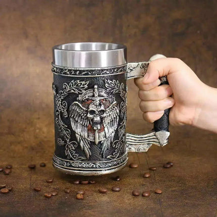 Medieval Angel of Death Skull Stainless Steel Beer Mug - 600ML Unique Horror Design