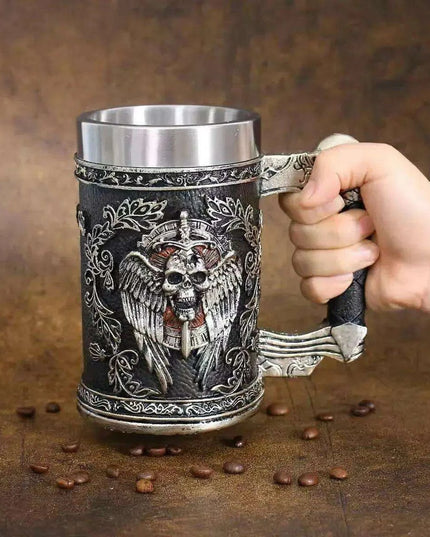 Medieval Angel of Death Skull Stainless Steel Beer Mug - 600ML Unique Horror Design