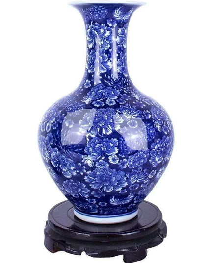 Handcrafted Blue and White Peony Porcelain Vase - Elegant Design with Optional Rotating Stand