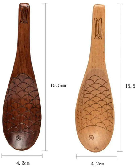 Charming Handcrafted Fish-Shaped Japanese Wooden Rice Spoon - Short-Handled Kitchen Essential