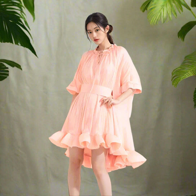 GALCAUR Women's Stylish High Waist A-Line Dress with Pleats and Lace-Up Detail, Round Neck, Short Sleeves