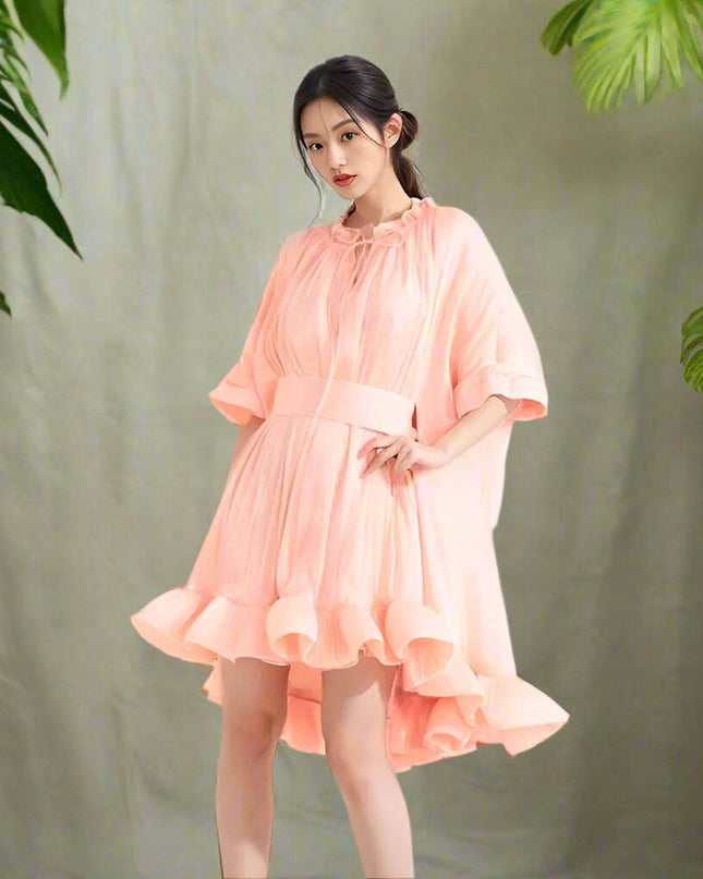 GALCAUR Women's Stylish High Waist A-Line Dress with Pleats and Lace-Up Detail, Round Neck, Short Sleeves