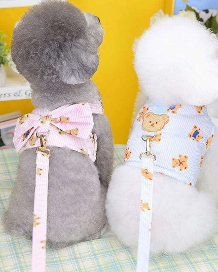Adorable Bear Print Mesh Harness and Bowtie Leash Combo for Small Dogs and Cats - Trendy Pet Vest