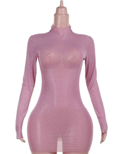 Glamorous Sequined Sheer Mesh Mini Dress with High Neck and Long Sleeves for Night Out