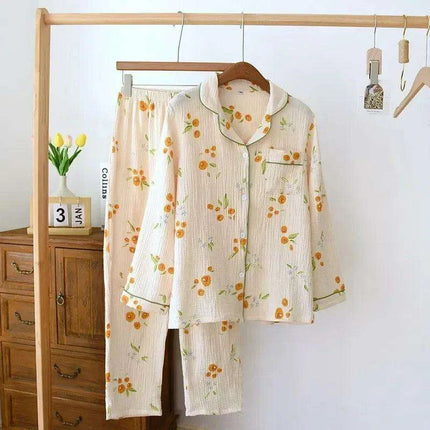 Japanese Crepe Cotton Women's Long Sleeve Pajama Set - Luxurious Sleepwear for Ladies