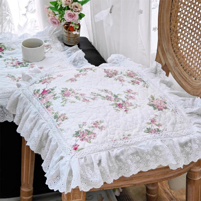 Korean Princess Embroidered Floral Cushion — Cotton, Chair Straps, 45×45cm