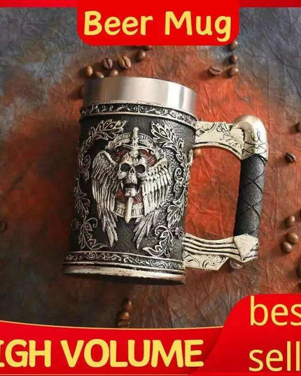 Medieval Angel of Death Skull Stainless Steel Beer Mug - 600ML Unique Horror Design