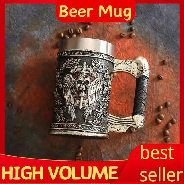 Medieval Angel of Death Skull Stainless Steel Beer Mug - 600ML Unique Horror Design