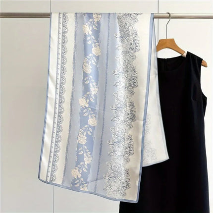 100% Mulberry Silk Long Scarf – Light Blue Floral Print, Gift Boxed