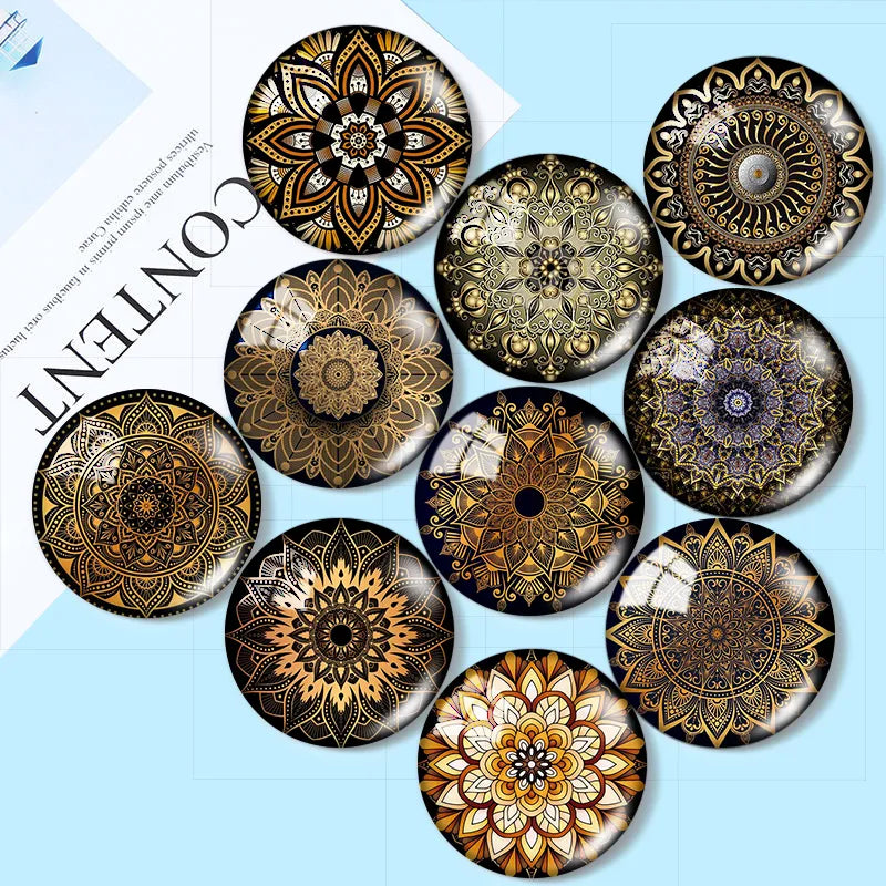 Golden Floral Glass Cabochon Set - 10 Pieces for DIY Jewelry Making with Various Sizes and Elegant Design