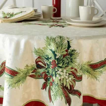 Christmas Ribbons Printed Tablecloth — 70" Round Festive Table Cover