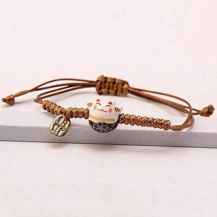 Whimsical Rainbow Braided Lucky Cat Bracelet - Adjustable Ceramic Good Fortune Jewelry