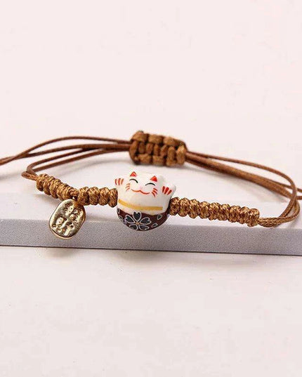 Whimsical Rainbow Braided Lucky Cat Bracelet - Adjustable Ceramic Good Fortune Jewelry