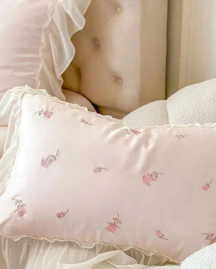 Luxurious Korean Style Lace Embroidered Lyocell Bedding Set - Pink and White