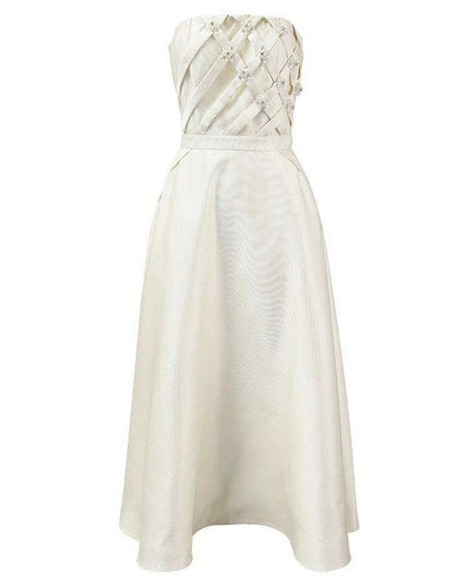 Striking Strapless High-Waisted Evening Gown with Unique Artistic Patchwork