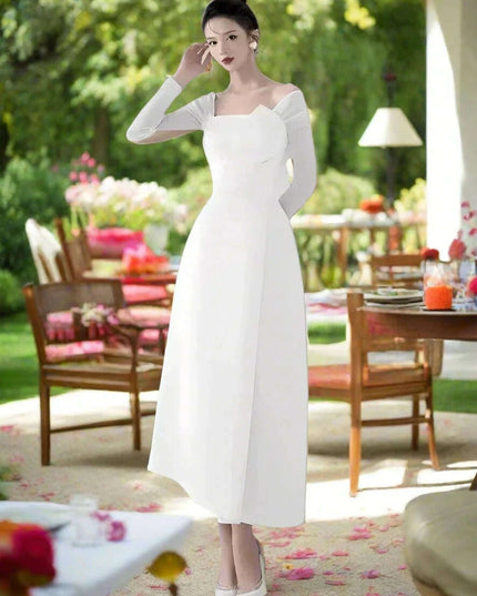 Chic Asymmetrical Summer Evening Dress with Long Sleeves and Flattering Fit