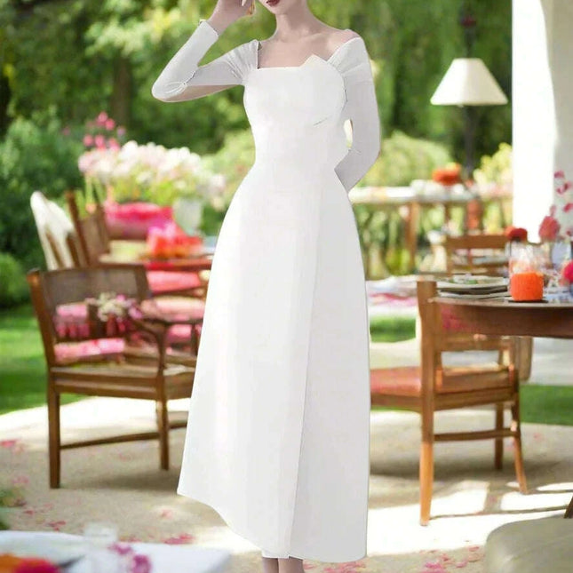 Chic Asymmetrical Summer Evening Dress with Long Sleeves and Flattering Fit