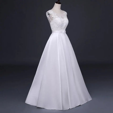 Elegant White Satin Backless Wedding Dress with Lace Embroidery