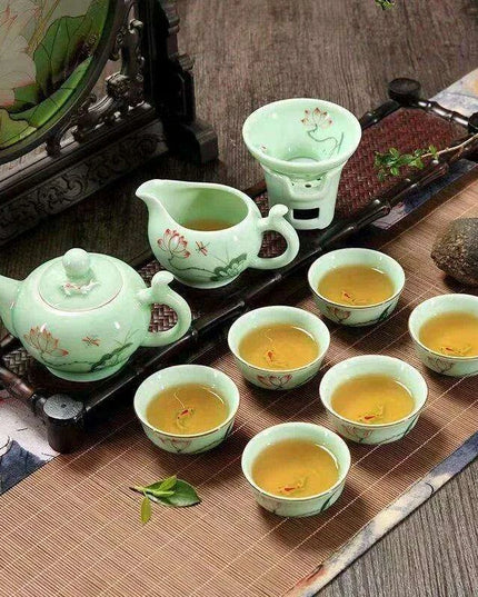Lotus Landscape Longquan Celadon Kung Fu Tea Set - Exquisite 9-Piece Gift Collection for Tea Enthusiasts