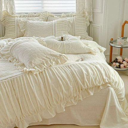 Pink Coral Velvet Bedding Set with Ruffled Duvet Cover and Pillowcases, Queen & King Sizes