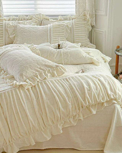 Pink Coral Velvet Bedding Set with Ruffled Duvet Cover and Pillowcases, Queen & King Sizes