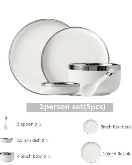 Sophisticated Elegance: White Ceramic Dinnerware Set with Silver Trim