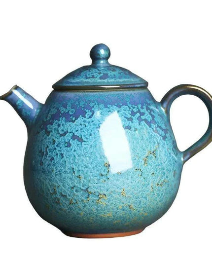 Floating Blue Jade Dragon Teapot with Crystal Handle and Gold Accents - Luxury Yuzhou Junyao Tea Set