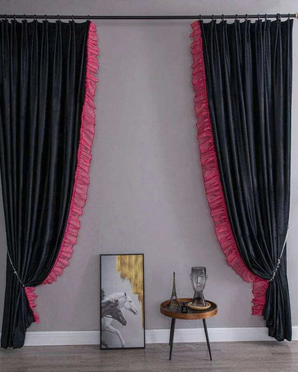 Luxurious French-Style Black Velvet Lace Blackout Drapes with Romantic Ruffles for Stylish Interiors