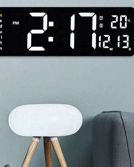 Large LED Digital Wall Clock with Calendar, Dual Alarms, and Temperature Display for Bedroom and Living Room