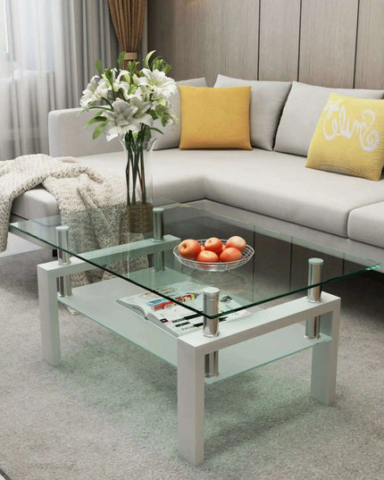 Modern Elegance Black Glass Coffee Table with Metal Framework and Additional Storage