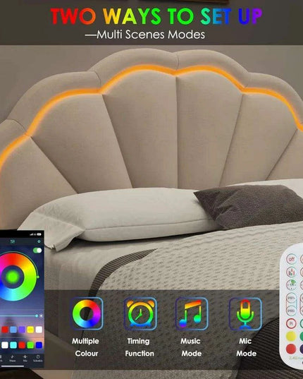Elegant Velvet LED Flower Headboard Bed Frame - Full Size with Customizable Lighting Features
