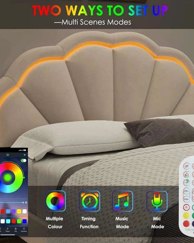 Elegant Velvet LED Flower Headboard Bed Frame - Full Size with Customizable Lighting Features