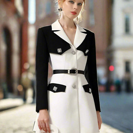 Chic Spring Black and White Business Suit Dress with Niche Waist Design
