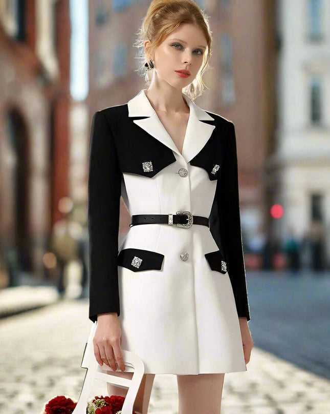 Chic Spring Black and White Business Suit Dress with Niche Waist Design