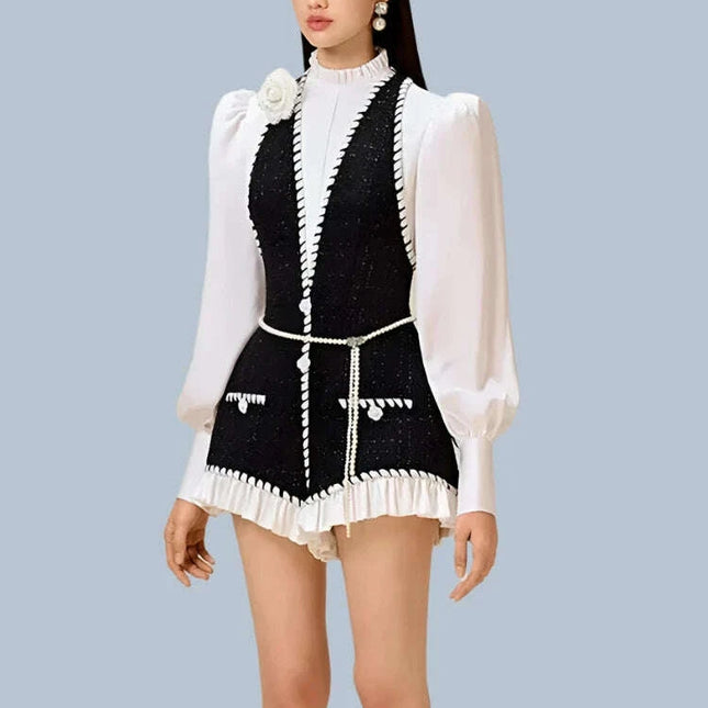 Chic High-Waisted Lantern Sleeve Playsuit with Zip & Lace Detail for Women