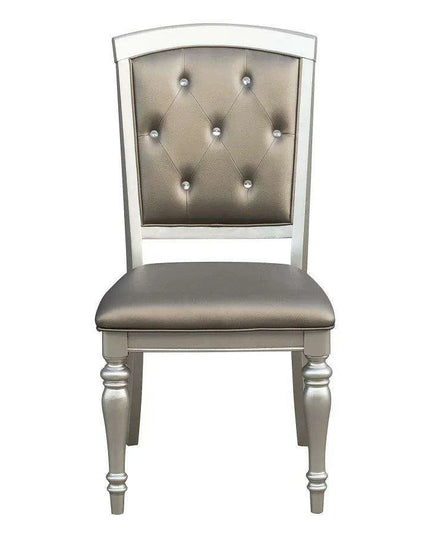 Glistening Silver Dining Ensemble with Crystal-Accented Tufted Chairs