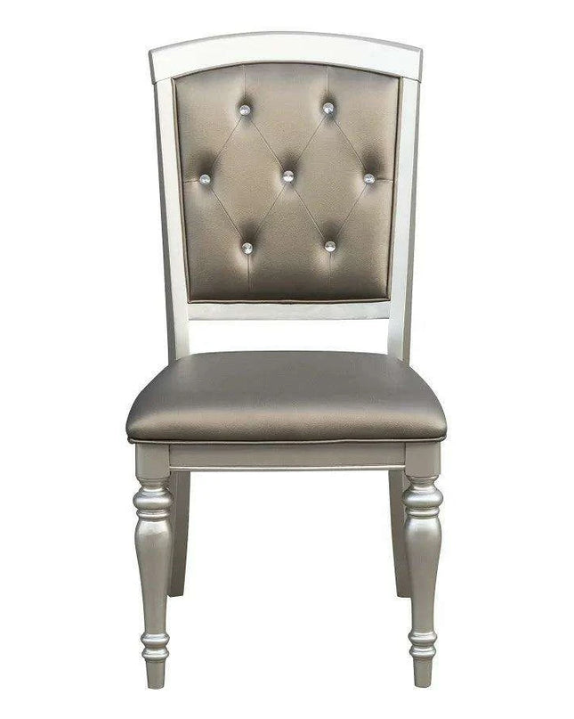 Glistening Silver Dining Ensemble with Crystal-Accented Tufted Chairs