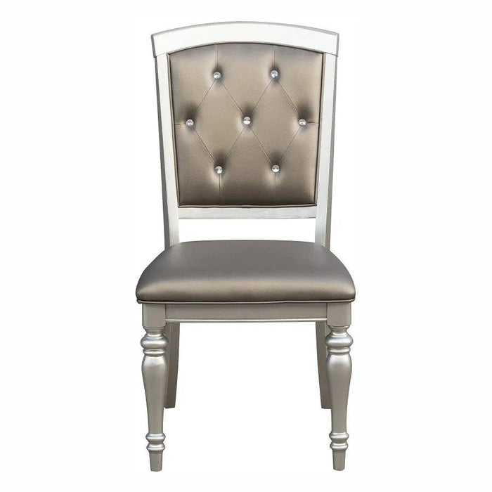 Glistening Silver Dining Ensemble with Crystal-Accented Tufted Chairs