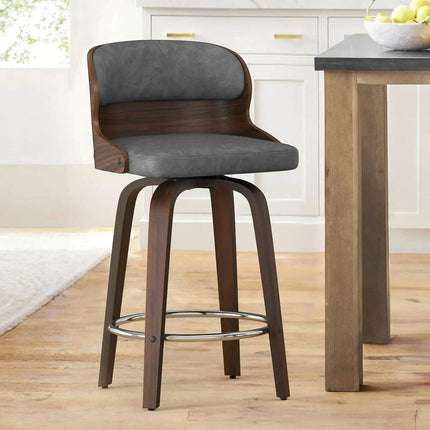 Elegant Mid-Century Walnut Swivel Counter Stools with Faux Leather Seat - 26 Inch Height