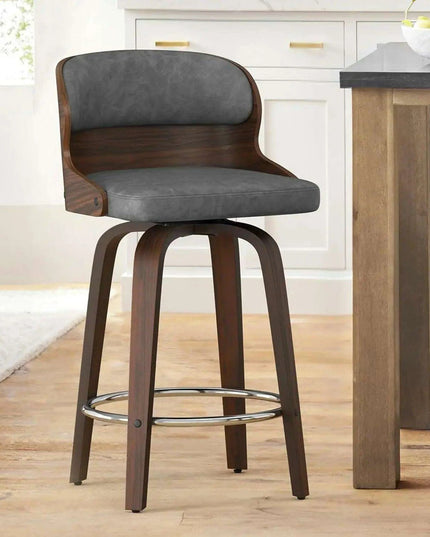 Elegant Mid-Century Walnut Swivel Counter Stools with Faux Leather Seat - 26 Inch Height