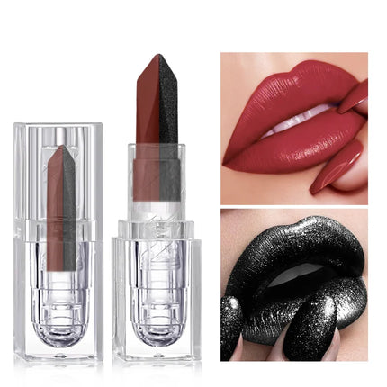 Two-Tone Black and Burgundy Glitter Lipstick, Long-Lasting Diamond-Cut Ombre Lip Tint