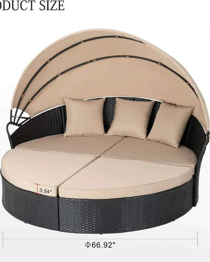Versatile Black Wicker Round Daybed with Adjustable Canopy - Chic Outdoor Lounge Solution