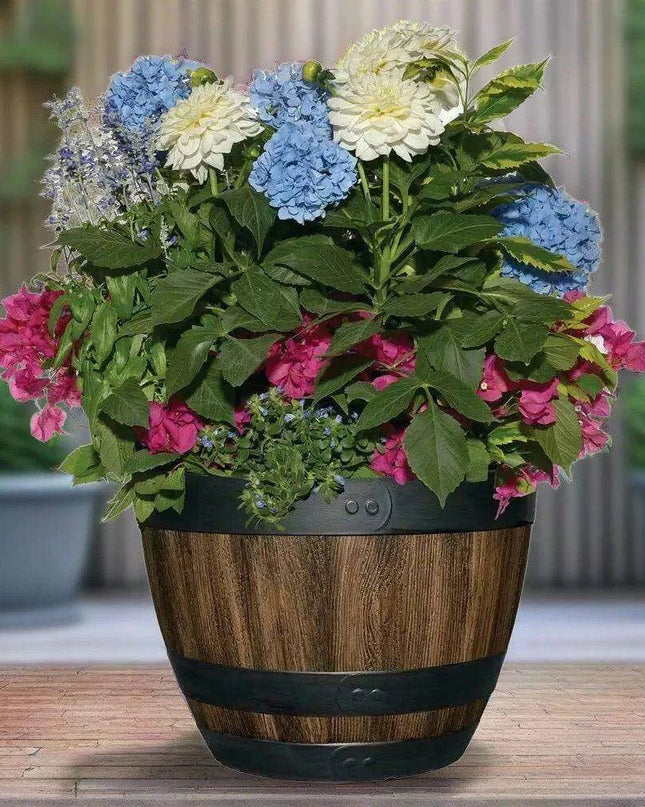Vintage Charm 16-Inch Durable Resin Barrel Planter for Your Garden Oasis
