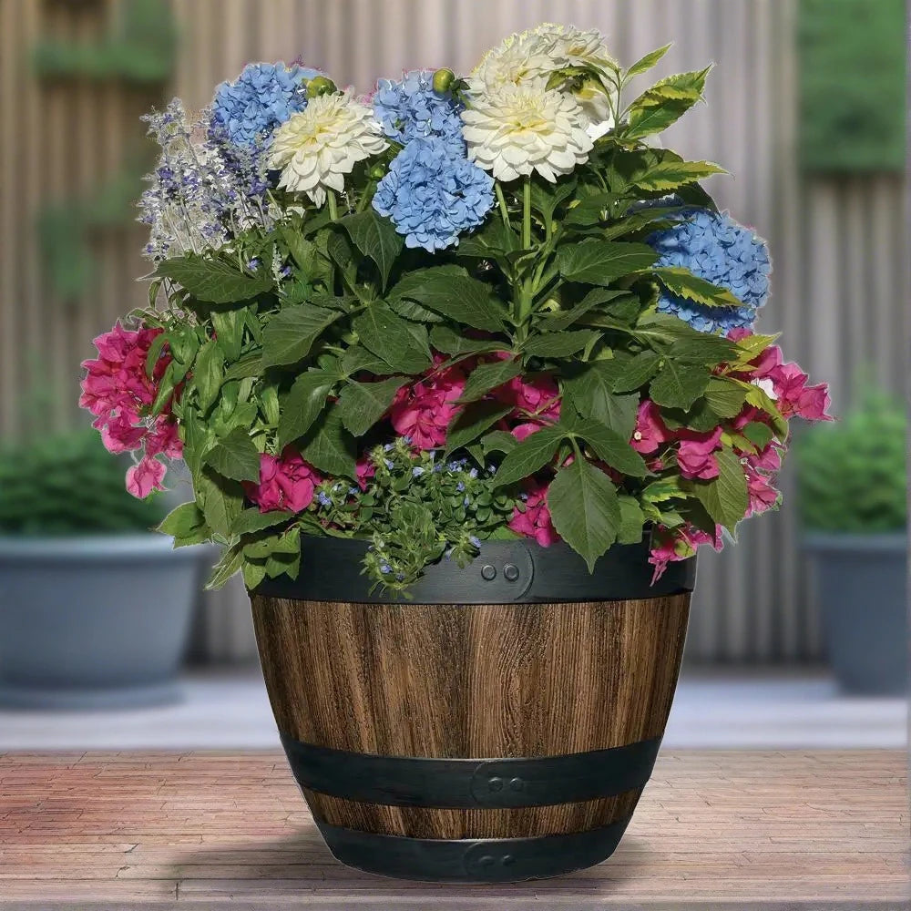 16-Inch Resin Barrel Planter - Indoor Outdoor Garden Decor Large Flower Plant Pot